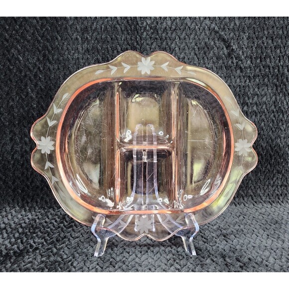 Fostoria Pink Etched Glass 4-Compartment Divided Tray Depression Glass 1920s-50s - Picture 2 of 11
